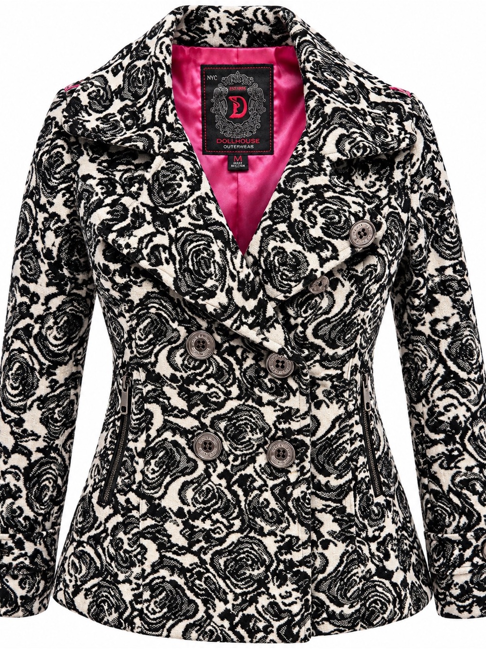 Dollhouse Black & White Rose-Print Double-Breasted Peacoat with Pink Lining